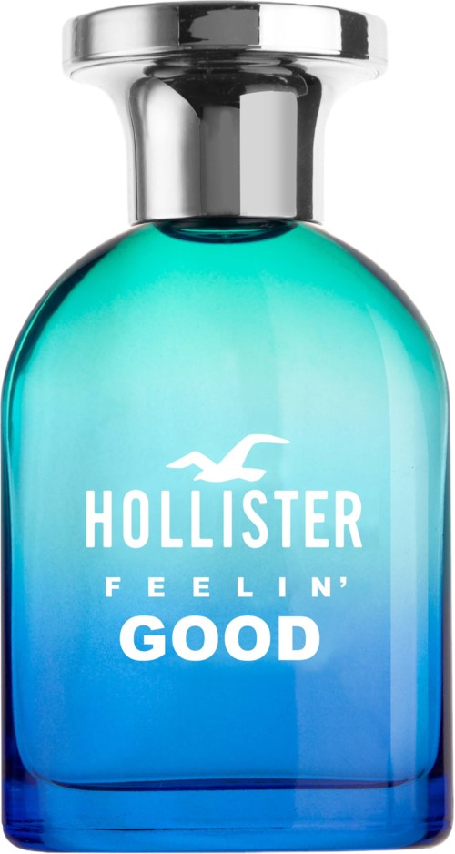 Een parfumfles met een blauwe kleurovergang, zilveren Dop en witte tekst 'Hollister Feelin' Good'.