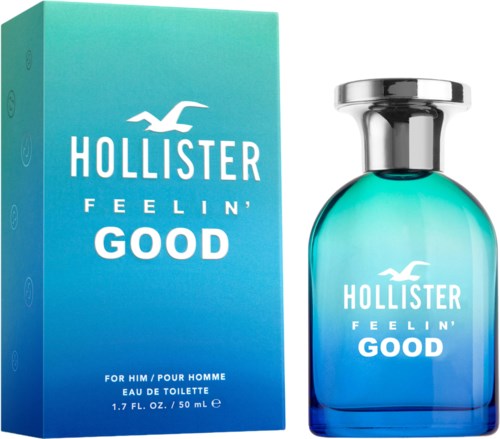 Een parfumfles en doos met blauwe en groene verloop, logo en de woorden 'Hollister Feelin' Good'.
