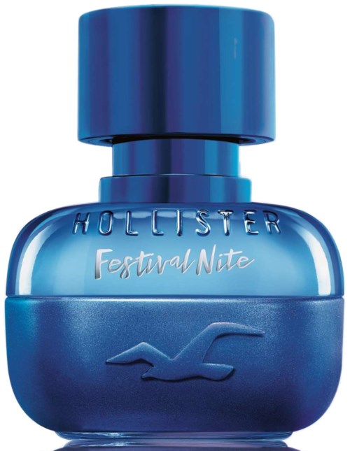 Blauwe parfumfles met grote dop en meeuwlogo, gemerkt 'Hollister Festival Nite.'