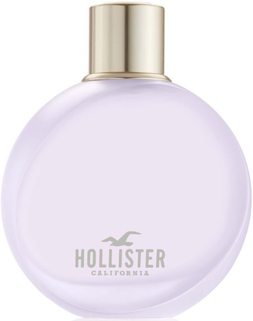 Een ronde, heldere parfumfles met een gouden dop en het Hollister-logo.