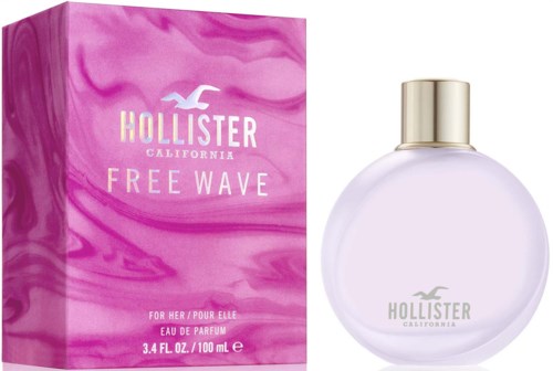 Roze doos en witte parfumfles met gouden dop, Hollister-merk, genaamd Free Wave.