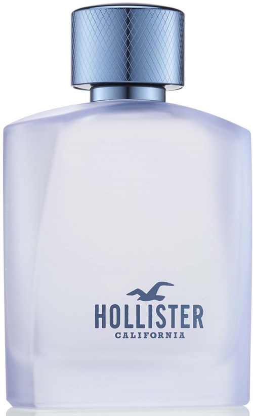 Een witte Hollister-parfumfles met een blauwe dop en logo voorop.