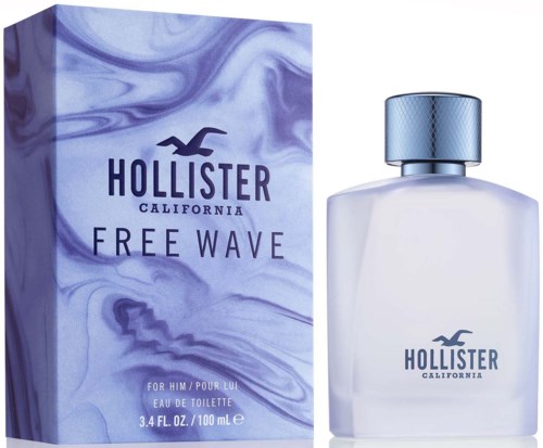 Een parfumfles en doos met paarse en witte golven, gelabeld Hollister Free Wave, California, 100 ml.