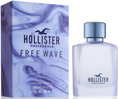 Een parfumfles en doos met een blauw-wit marmerontwerp, gemarkeerd Hollister Free Wave.