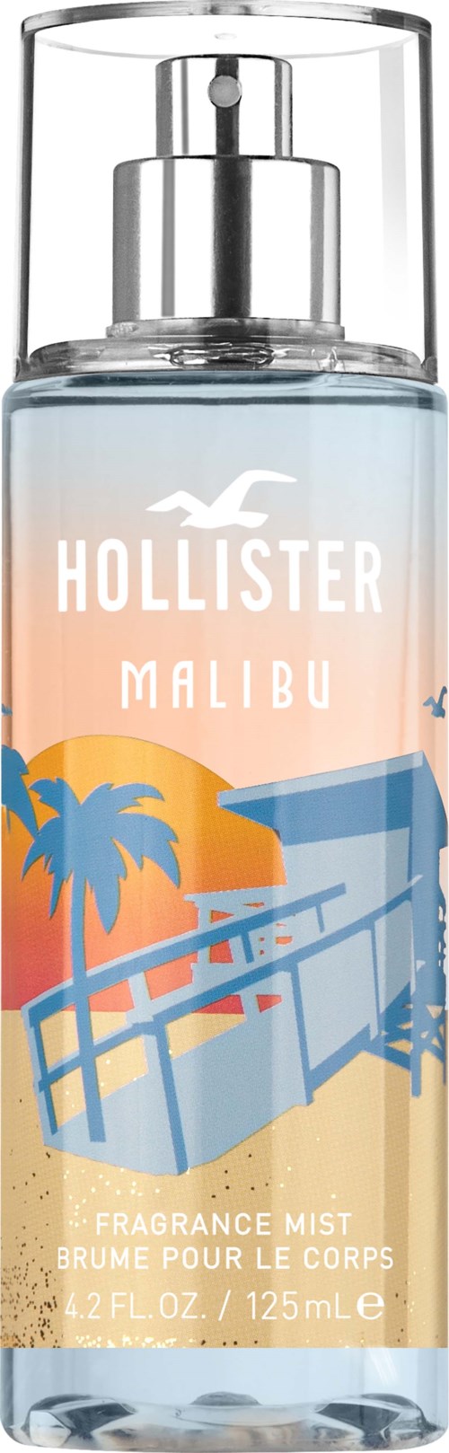 En tydlig sprayflaska med en tropisk design, märkt Hollister Malibu doftmist, innehåller 125 ml parfym.