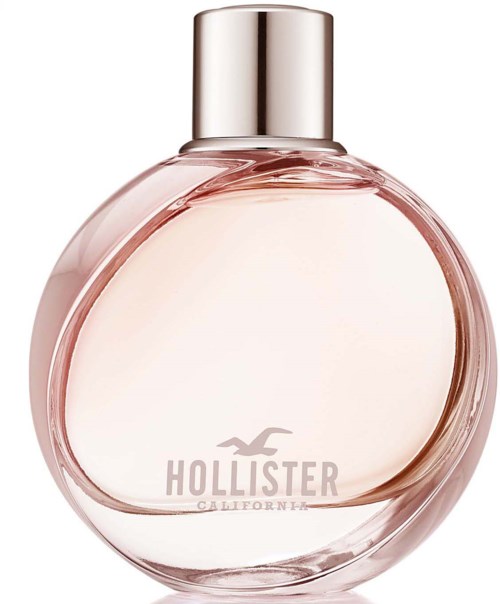 Een ronde, roze parfumfles met een zilverkleurige dop en Hollister-logo.