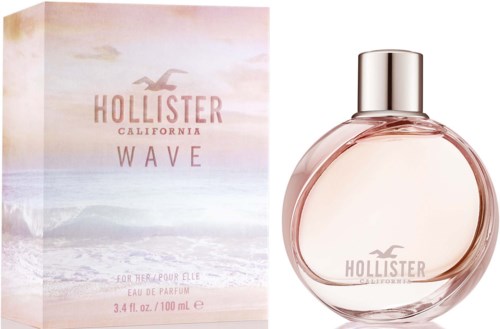 Een fles Hollister California Wave parfum en de doos met zonsondergang- en zeeontwerp.