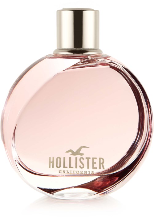 Een ronde, doorzichtige parfumfles met roze vloeistof en een glimmende zilveren dop. Hollister-logo en tekst op de voorkant.