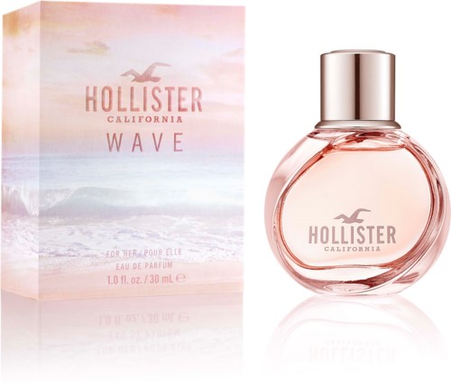 Een parfumfles en doos met roze en pastelkleuren, met golfpatroon en Hollister California-logo.