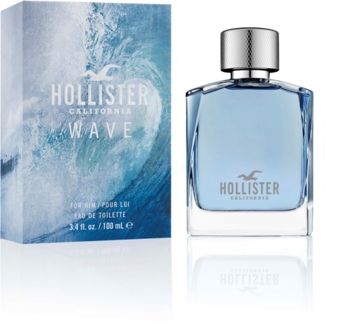 En parfyllflaska och förpackning med våg- och havsdesign, märkt Hollister Wave, för män, 100 ml.