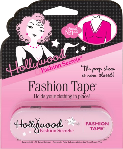 Rosa Verpackung mit einer Mädchenzeichnung, Sternen und einem rosa Oberteil. Text umfasst 'Hollywood Fashion Secrets' und 'Fashion Tape'.