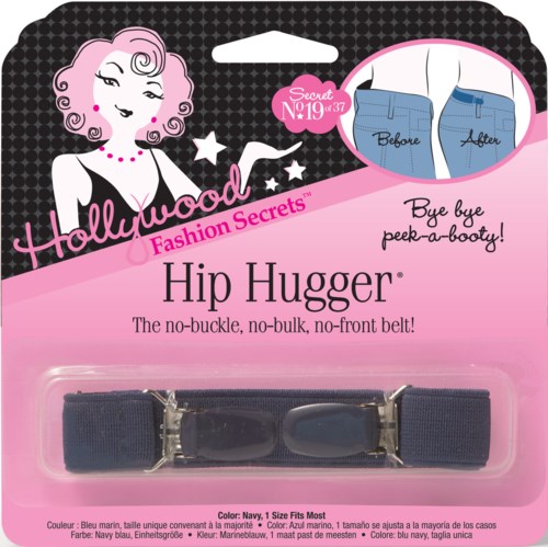 Ein Modeaccessoire namens Hip Hugger von Hollywood Secrets, mit Vorher- und Nachbildern von Jeans, Schnalle und pinkem Hintergrund.