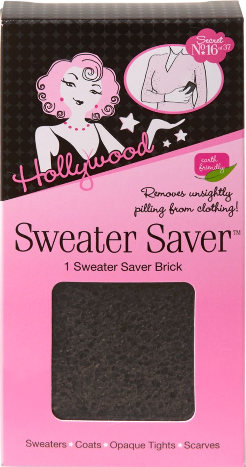 Eine pink-schwarze Verpackung des Hollywood Sweater Saver, ein Produkt zum Entfernen von Pilling. Zeigt eine Frau mit Locken.