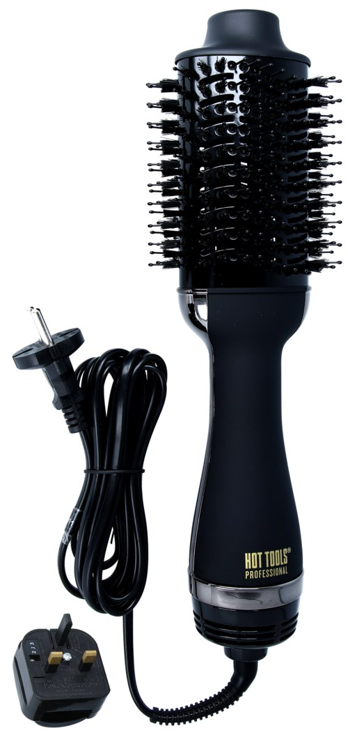 Eine schwarze Haarstylingbürste mit Kabel und Stecker, beschriftet 'Hot Tool', für Haartrocknung oder Styling.