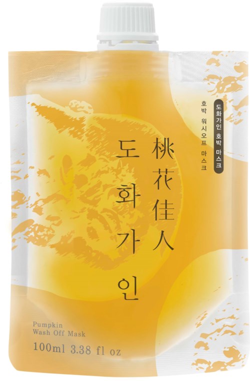 Eine weiche gelbe und weiße Sprühbeutel mit koreanischem Text, beschreibt eine Kürbis-Reinigungstuch, enthält 100 ml Flüssigkeit.