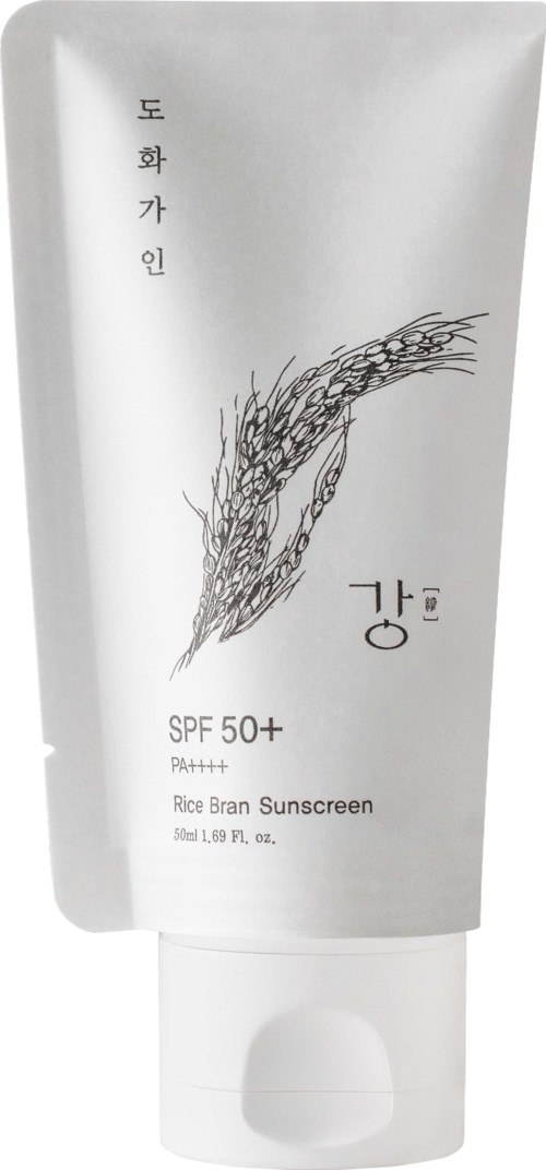 Weiße Tube mit schwarzer und grauer Illustration von Reis und koreanischem Text, Etiketten für Sonnencreme mit SPF 50+.