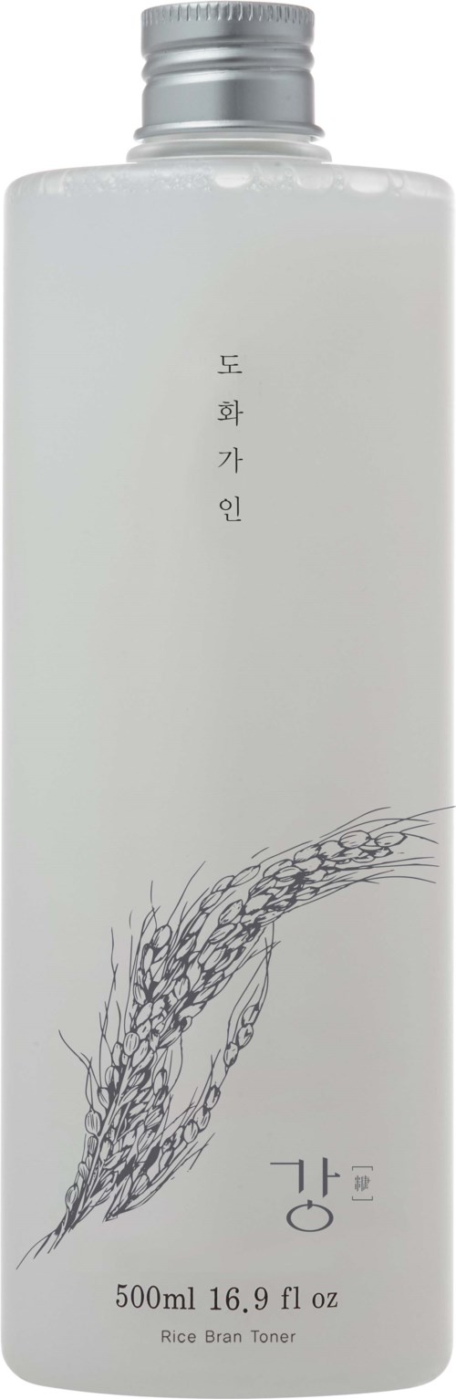 Eine weiße Flasche mit koreanischem Text und einer schwarzen Illustration von Reiskörnern, bezeichnet als Reisbranntoner, 500 ml.