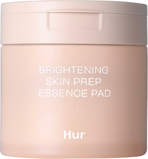 Een lichtroze pot met label 'Brightening Skin Prep Essence Pad' en merknaam 'Hur' onderaan.