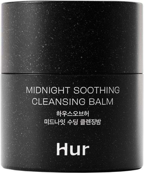 Schwarzer Behälter mit weißen Texten, die Midnight Soothing Cleansing Balm von Hur bewerben.