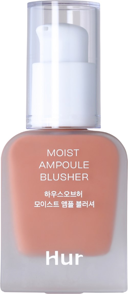 Een fles met roze blush, witte pomp en doorzichtige dop. Het heeft witte en Koreaanse tekst.