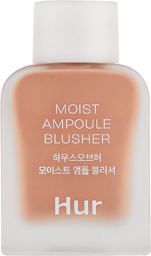 Perzikkleurige foundationfles met witte dop, labeled 'Moist Ampoule Blusher' door Hur.