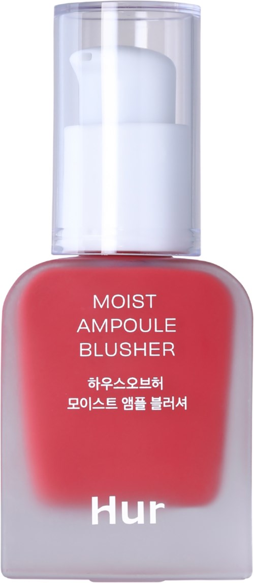 Een blushfles met witte pomp en duidelijke dop, gelabeld 'MOIST AMPOULE BLUSHER' en 'hur' onderaan.