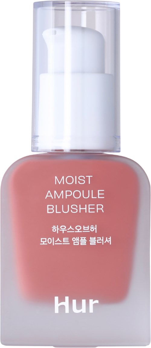 Een roze cosmeticafles met doorzichtige dop en witte tekst voor blush. Merknaam "hur" onderaan.