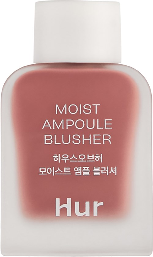 Eine Flasche Rouge namens 'Moist Ampoule Blusher' von hur, rosa Farbe mit weißem Deckel.
