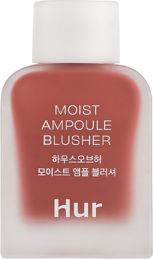 Een huidverzorgingsproduct genaamd 'Moist Ampoule Blusher' in een fles met witte dop, roze kleur.