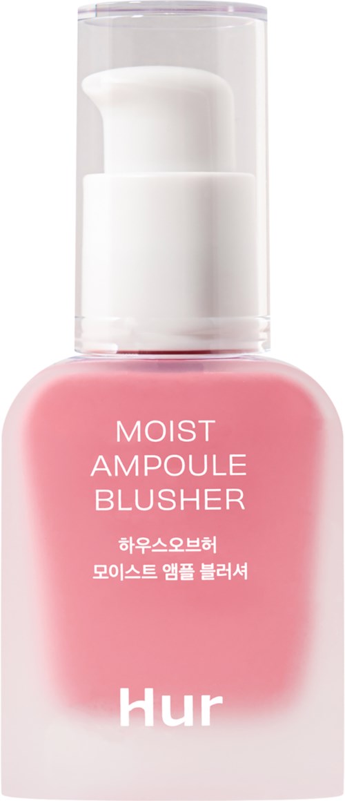 Eine rosa Flasche mit weißem Pumpkopf und klarem Deckel, beschriftet 'Moist Ampoule Blusher' von Hur.