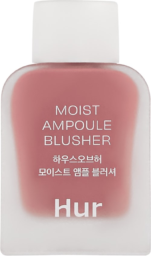 Roze vloeibare blush in fles met wit deksel, gelabeld "Moist Ampoule Blusher" en "Hur."