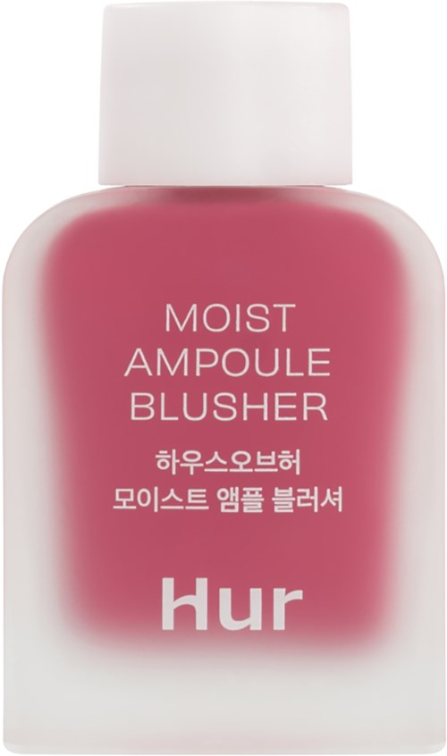 Roze fles met witte dop met label 'Moist Ampoule Blusher' en Koreaanse tekst, merk 'hur' onderaan.