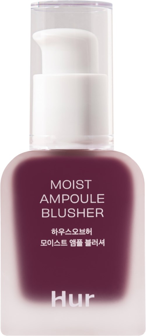 Een kleine fles met pomp, gelabeld "Moist Ampoule Blusher" en de merknaam 'hur'.