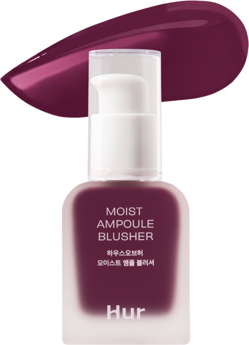 Een blushfles met een donkerpaarse dop en een streep blush erachter.