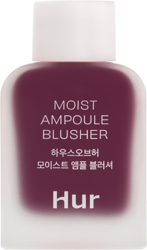Een fles met witte dop en paarse label, gelabeld "Moist Ampoule Blusher" door Hur, met Koreaanse tekst.