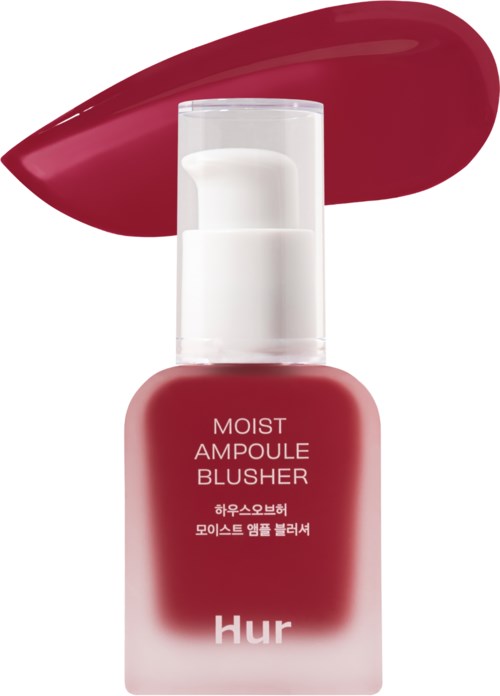 Een blushfles met een streepje rode kleur erboven, gemerkt 'Moist Ampoule Blusher' en enkele Koreaanse letters.