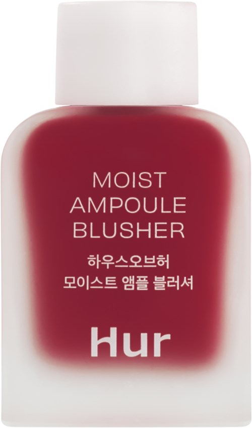 Een rode blusher fles met witte dop, gemarkeerd in het Engels en Koreaans, met productnaam 'Moist Ampoule Blusher' en merk 'hur.'