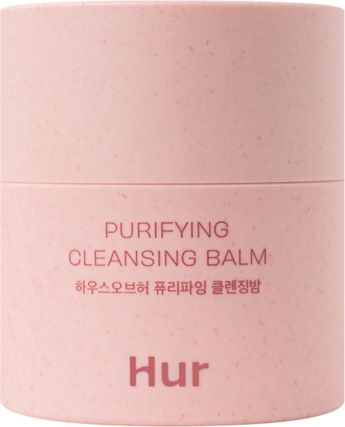 Ronde roze container met de tekst 'Purifying Cleansing Balm' en 'Hur'.