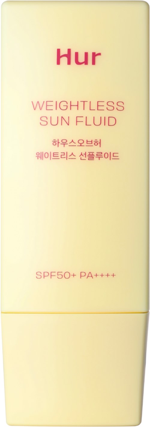 Eine hellgelbe Sonnencremeflasche mit rosa und koreanischem Text, erwähnt SPF50+ und PA++++ Schutz.