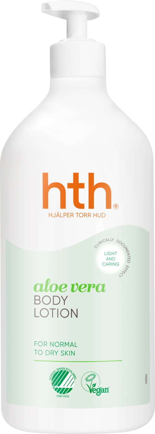 A white bottle of aloe vera body lotion with a pump, labeled for normal to dry skin, vegan, and gentle.