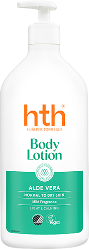 A white pump bottle labeled 'hth Body Lotion' with aloe vera for normal to dry skin.