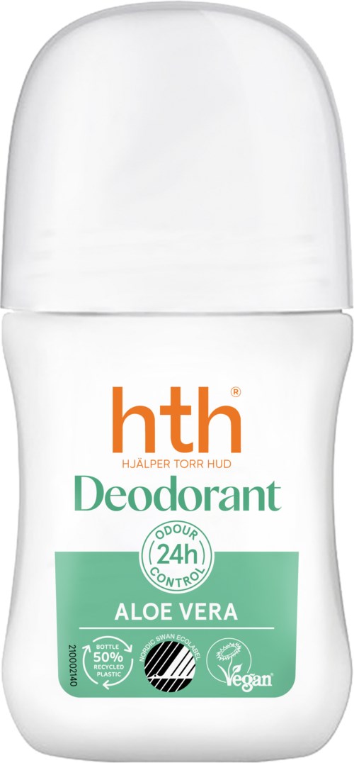 A white roll-on deodorant bottle with orange and green text, indicating aloe vera scent and 24-hour odor control.
