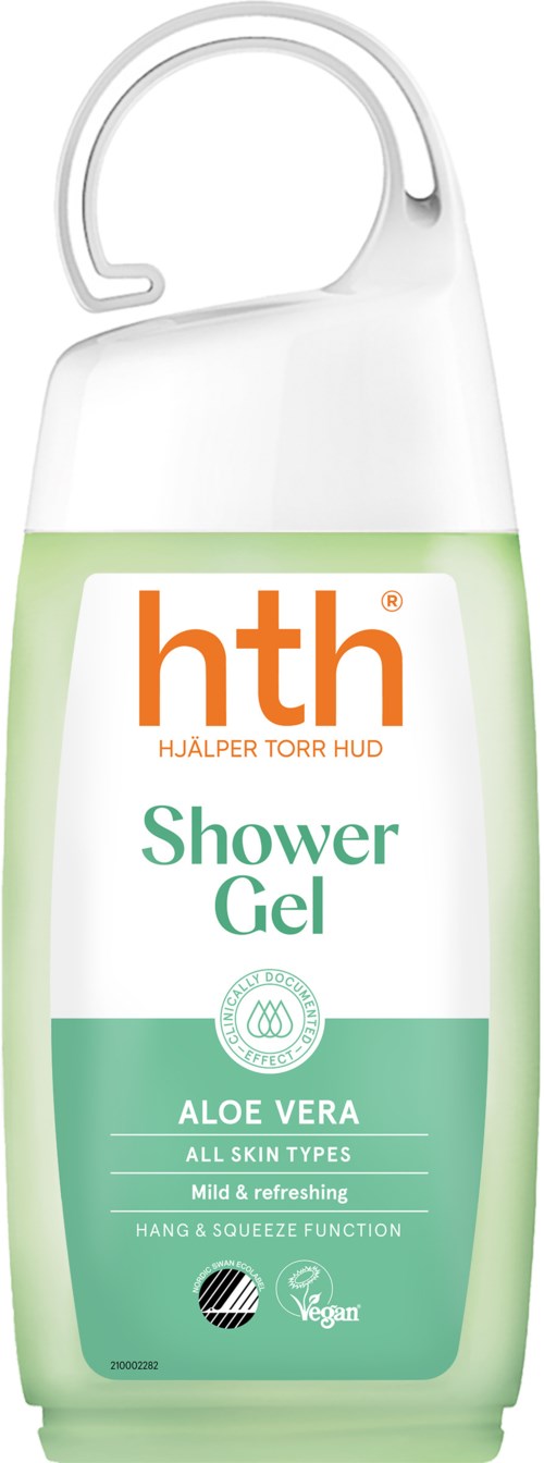 A white and green bottle with a hook, labeled HTH shower gel with aloe vera, suitable for all skin types.