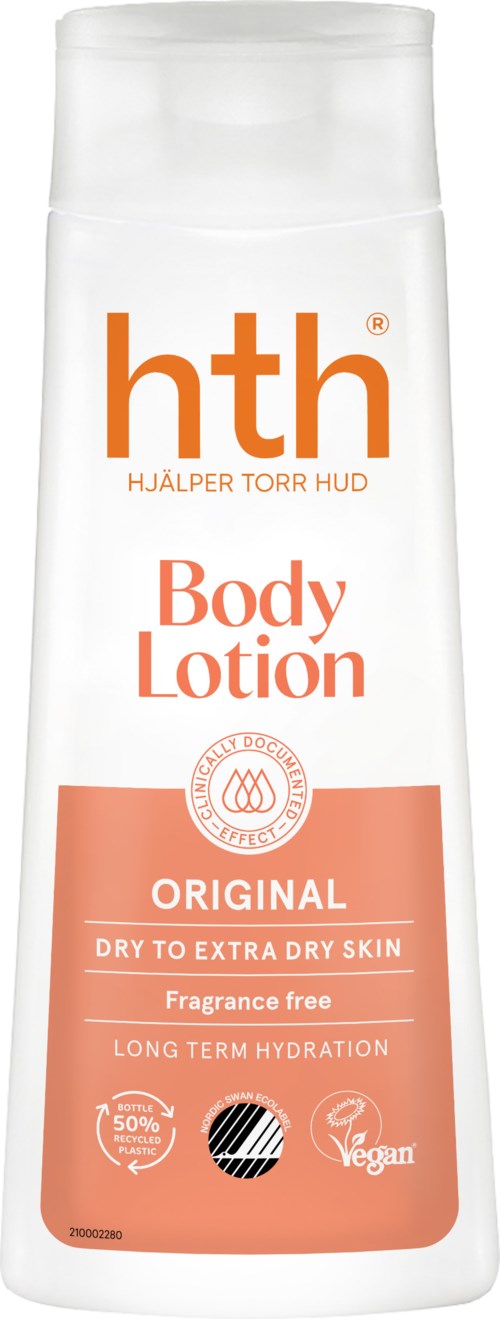 A white bottle of hth body lotion with orange and white letters, indicating it helps dry skin and is fragrance-free.
