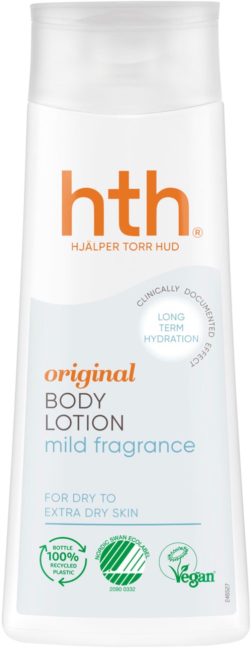 A white bottle of HTH body lotion with orange and blue text, mentions hydration and vegan ingredients.