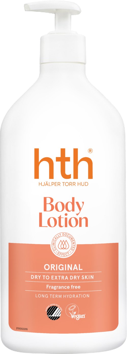 A white bottle of body lotion with an orange label, pump top, and embossed logo, suitable for dry skin.