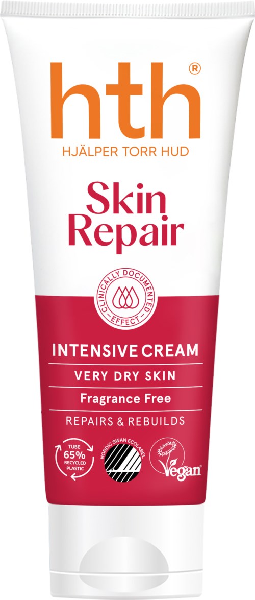 A tube of HTH Skin Repair Intensive Cream for very dry skin, fragrance free, vegan, and repairing skin.