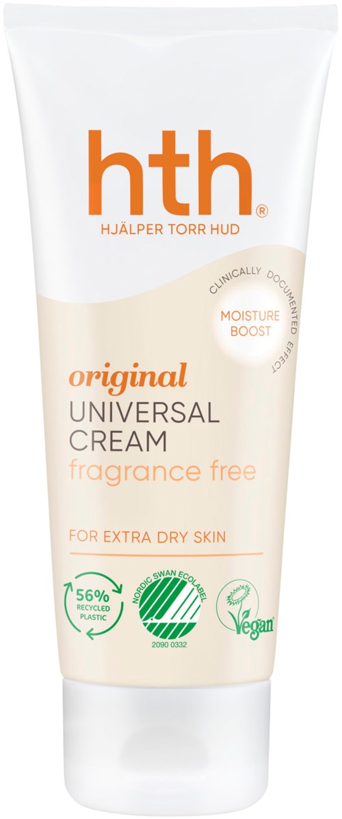 A white tube of skin cream with orange and green text, showing it's for dry skin and free of fragrance.