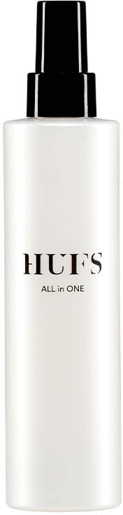 Eine weiße Sprühflasche mit schwarzem Deckel, beschriftet mit "HUF'S ALL in ONE."