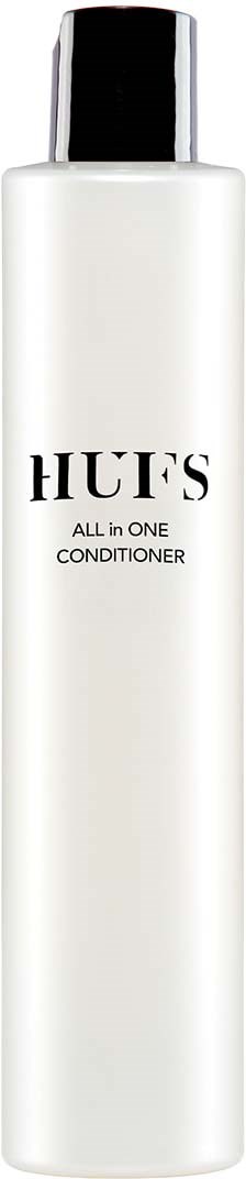 A tall, white bottle with a black cap. The label says 'HUFS ALL in ONE CONDITIONER.'